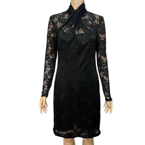 Elie Tahari Dresses & Skirts - Elie Tahari Lace Sheath Dress Size 2 Twist Front Mock Neck Long Sleeve Classic